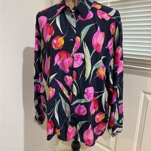 Vintage Missoni Black Button-Up silk Shirt with Pink and Red Floral Print sz 16